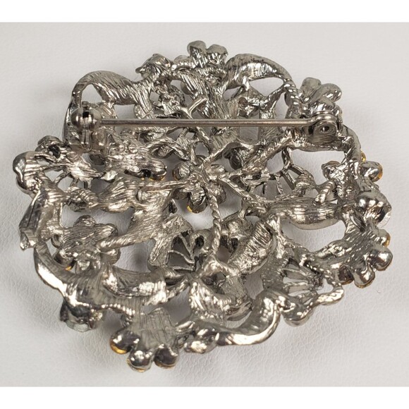 Vintage 1950's Flower Filigree AB Crystal Rhinestone Silver Tone 2" Brooch - Picture 13 of 14